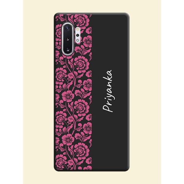 Pink Floral Pattern Design With Custom Text On Space Black Personalized Soft Matte Phone Covers -Samsung Galaxy Note 10 Plus Pink Floral Pattern Design With Custom Text On Space Black Personalized Soft Matte Phone Covers -Samsung Galaxy Note 10 Plus