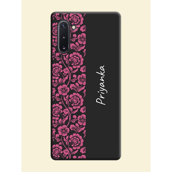 Pink Floral Pattern Design With Custom Text On Space Black Personalized Soft Matte Phone Covers -Samsung Galaxy Note 10 Pink Floral Pattern Design With Custom Text On Space Black Personalized Soft Matte Phone Covers -Samsung Galaxy Note 10