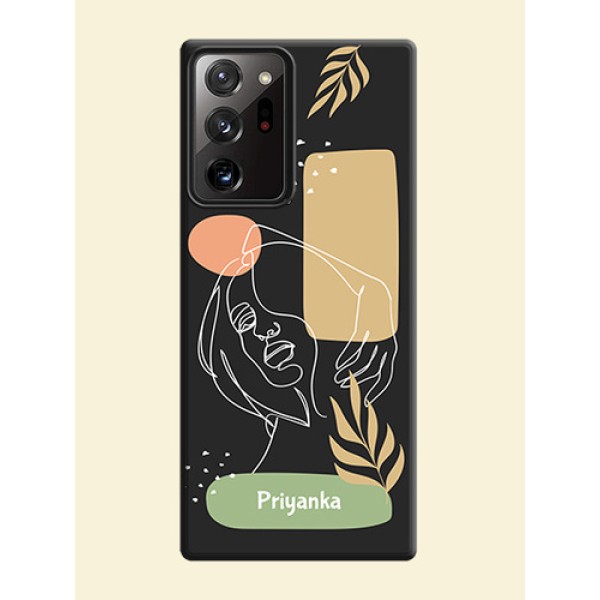 Custom Text With Line Art Of Women & Leaves Design On Space Black Personalized Soft Matte Phone Covers -Samsung Galaxy Note 20 Ultra