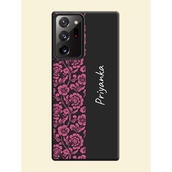 Pink Floral Pattern Design With Custom Text On Space Black Personalized Soft Matte Phone Covers -Samsung Galaxy Note 20 Ultra Pink Floral Pattern Design With Custom Text On Space Black Personalized Soft Matte Phone Covers -Samsung Galaxy Note 20 Ultra