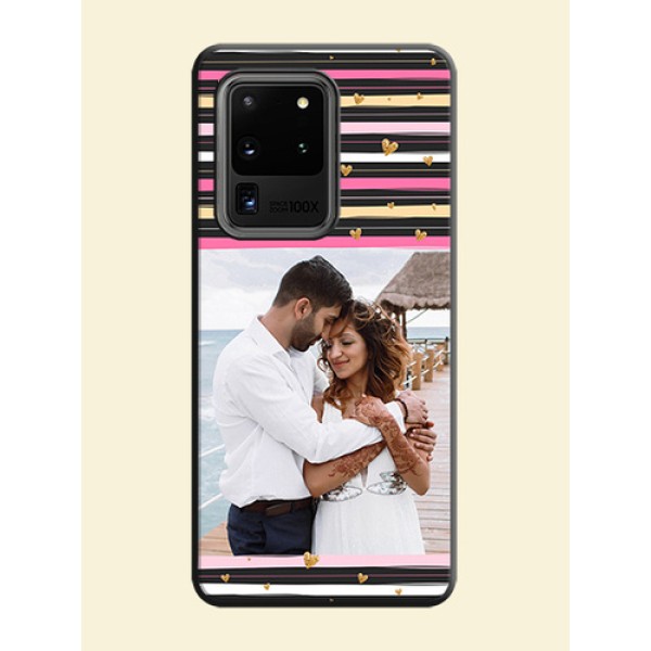 Multicolor Lines and Golden Love Symbols Design - Photo on Space Black Soft Matte Mobile Cover - Galaxy S20 Ultra Multicolor Lines and Golden Love Symbols Design - Photo on Space Black Soft Matte Mobile Cover - Galaxy S20 Ultra