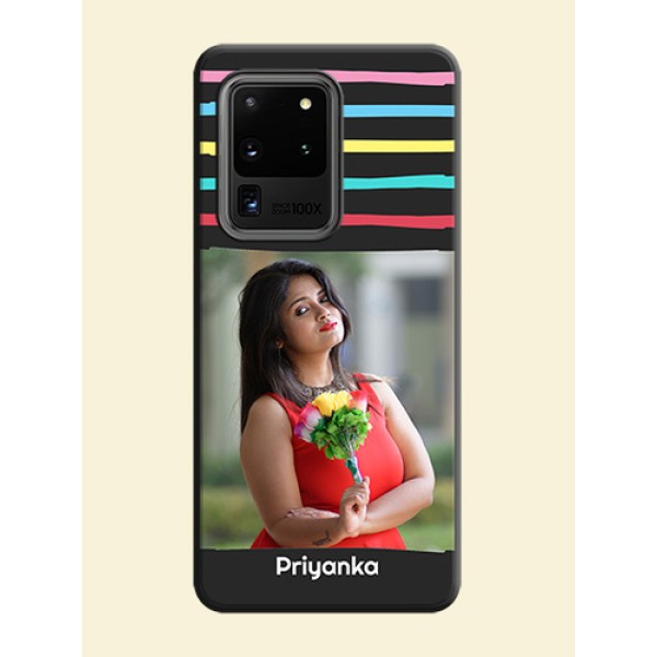 Multicolor Lines with Image on Space Black Personalized Soft Matte Phone Covers - Galaxy S20 Ultra Multicolor Lines with Image on Space Black Personalized Soft Matte Phone Covers - Galaxy S20 Ultra