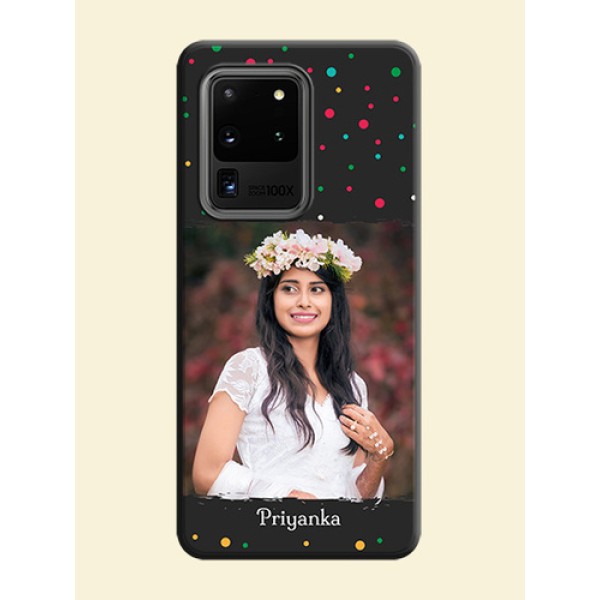Multicolor Dotted Pattern with Text on Space Black Custom Soft Matte Phone Back Cover - Galaxy S20 Ultra Multicolor Dotted Pattern with Text on Space Black Custom Soft Matte Phone Back Cover - Galaxy S20 Ultra