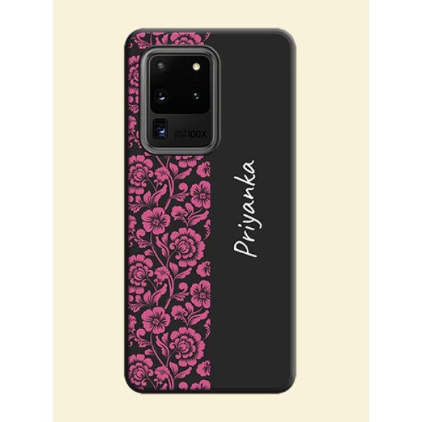 Pink Floral Pattern Design With Custom Text On Space Black Personalized Soft Matte Phone Covers -Samsung Galaxy S20 Ultra Pink Floral Pattern Design With Custom Text On Space Black Personalized Soft Matte Phone Covers -Samsung Galaxy S20 Ultra