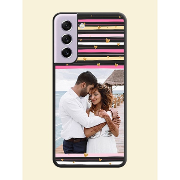 Multicolor Lines and Golden Love Symbols Design on Photo on Space Black Soft Matte Mobile Cover - Galaxy S21 FE 5G Multicolor Lines and Golden Love Symbols Design on Photo on Space Black Soft Matte Mobile Cover - Galaxy S21 FE 5G