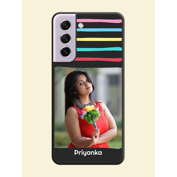 Multicolor Lines with Image on Space Black Personalized Soft Matte Phone Covers - Galaxy S21 FE 5G Multicolor Lines with Image on Space Black Personalized Soft Matte Phone Covers - Galaxy S21 FE 5G