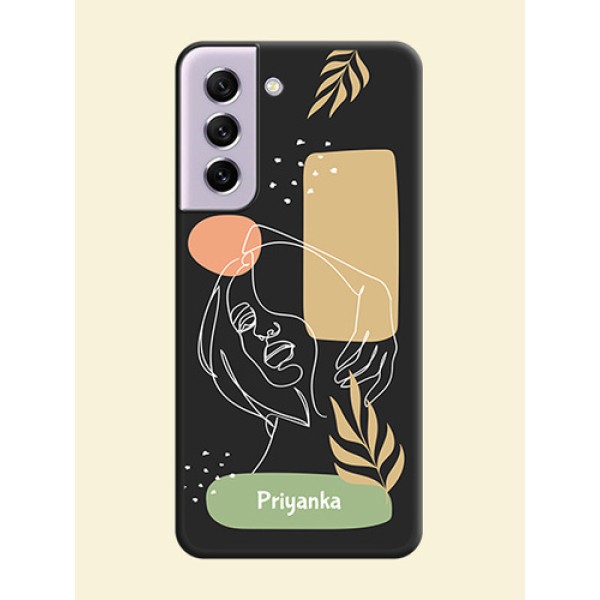 Custom Text With Line Art Of Women & Leaves Design On Space Black Personalized Soft Matte Phone Covers -Samsung Galaxy S21 Fe 5G