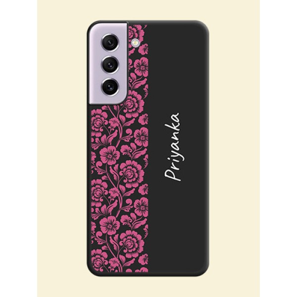 Pink Floral Pattern Design With Custom Text On Space Black Personalized Soft Matte Phone Covers -Samsung Galaxy S21 Fe 5G Pink Floral Pattern Design With Custom Text On Space Black Personalized Soft Matte Phone Covers -Samsung Galaxy S21 Fe 5G
