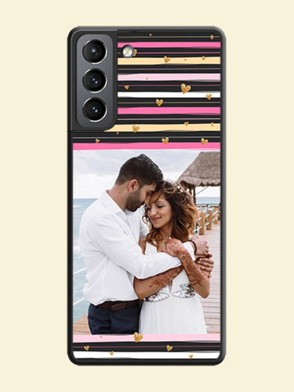 Multicolor Lines and Golden Love Symbols Design on Photo on Space Black Soft Matte Mobile Cover - Galaxy S21 Plus