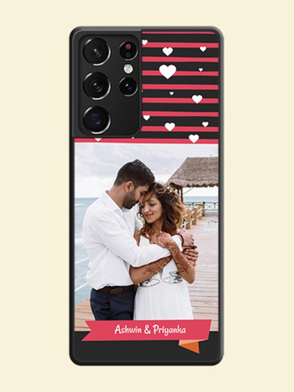 White Color Love Symbols with Pink Lines Pattern on Space Black Custom Soft Matte Phone Cases - Galaxy S21 Ultra