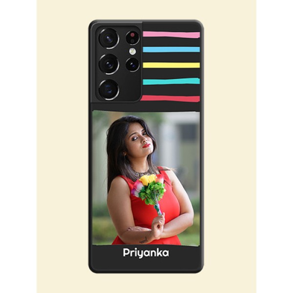 Multicolor Lines with Image on Space Black Personalized Soft Matte Phone Covers - Galaxy S21 Ultra Multicolor Lines with Image on Space Black Personalized Soft Matte Phone Covers - Galaxy S21 Ultra
