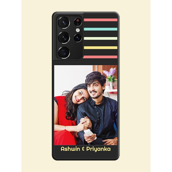 Color Stripes with Photo and Text on Photo on Space Black Soft Matte Mobile Case - Galaxy S21 Ultra Color Stripes with Photo and Text on Photo on Space Black Soft Matte Mobile Case - Galaxy S21 Ultra