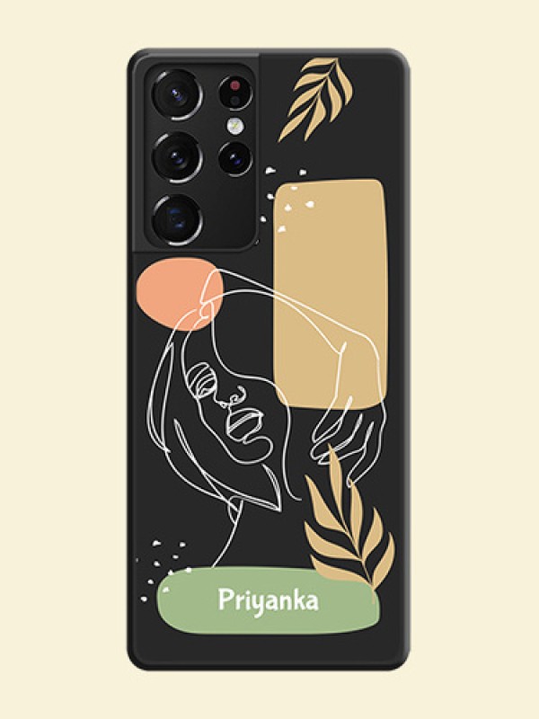 Custom Text With Line Art Of Women & Leaves Design On Space Black Personalized Soft Matte Phone Covers -Samsung Galaxy S21 Ultra