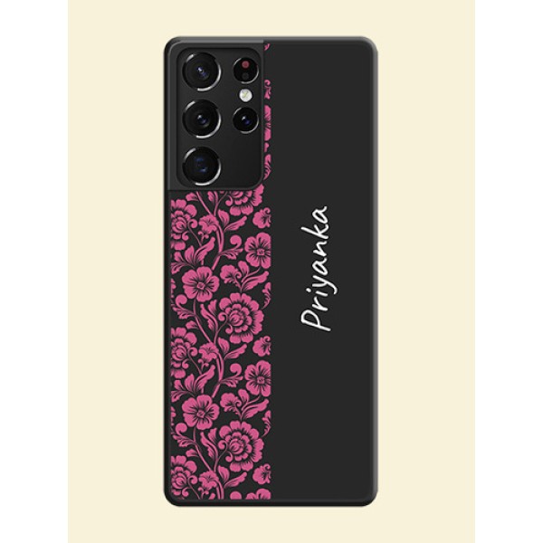Pink Floral Pattern Design With Custom Text On Space Black Personalized Soft Matte Phone Covers -Samsung Galaxy S21 Ultra Pink Floral Pattern Design With Custom Text On Space Black Personalized Soft Matte Phone Covers -Samsung Galaxy S21 Ultra
