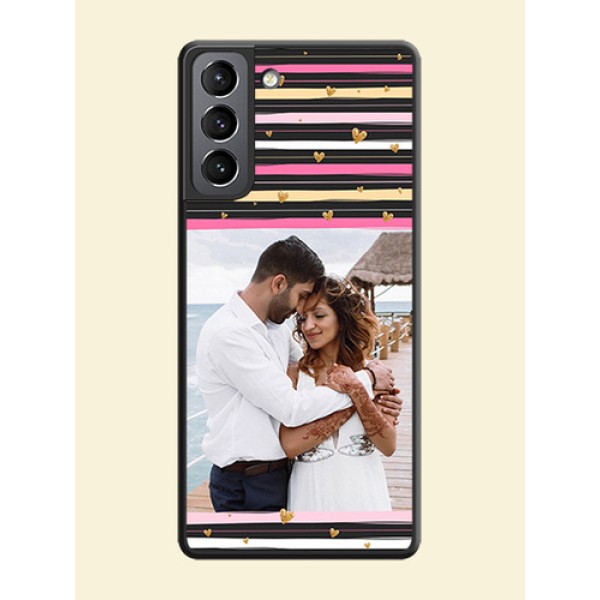 Multicolor Lines and Golden Love Symbols Design on Photo on Space Black Soft Matte Mobile Cover - Galaxy S21 Multicolor Lines and Golden Love Symbols Design on Photo on Space Black Soft Matte Mobile Cover - Galaxy S21
