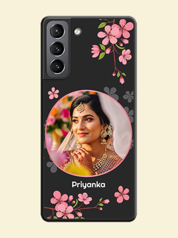 Round Image with Pink Color Floral Design on Photo on Space Black Soft Matte Back Cover - Galaxy S21
