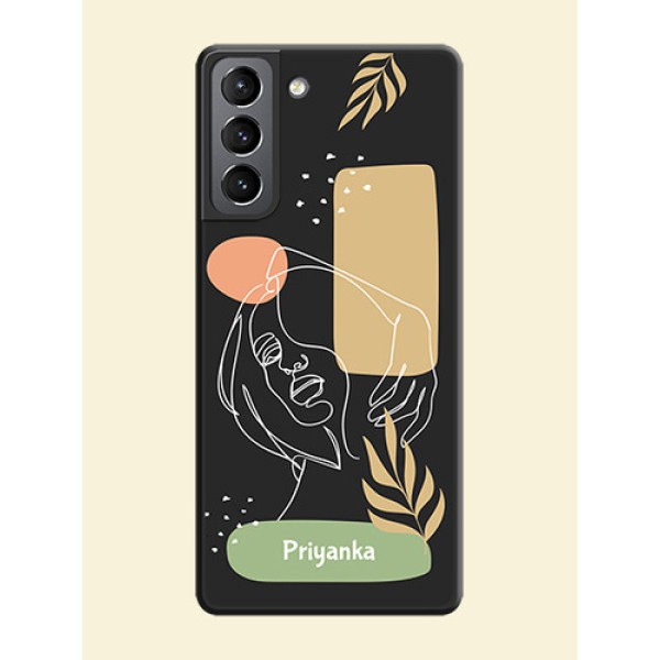 Custom Text With Line Art Of Women & Leaves Design On Space Black Personalized Soft Matte Phone Covers -Samsung Galaxy S21