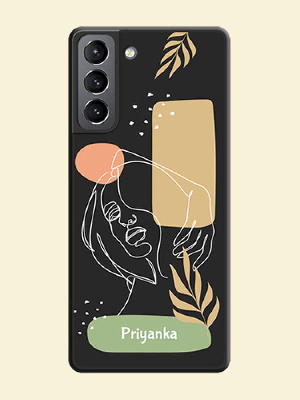 Custom Text With Line Art Of Women & Leaves Design On Space Black Personalized Soft Matte Phone Covers -Samsung Galaxy S21