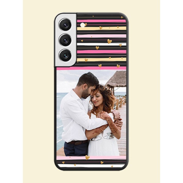 Multicolor Lines and Golden Love Symbols Design on Photo on Space Black Soft Matte Mobile Cover - Galaxy S22 5G Multicolor Lines and Golden Love Symbols Design on Photo on Space Black Soft Matte Mobile Cover - Galaxy S22 5G
