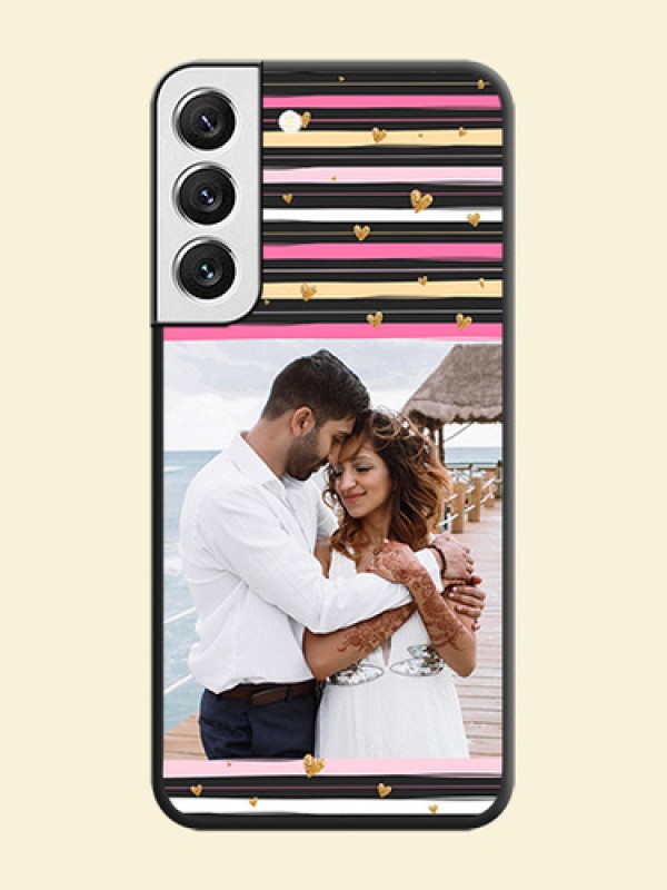 Multicolor Lines and Golden Love Symbols Design on Photo on Space Black Soft Matte Mobile Cover - Galaxy S22 5G