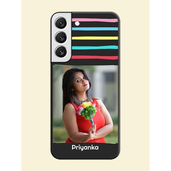 Multicolor Lines with Image on Space Black Personalized Soft Matte Phone Covers - Galaxy S22 5G Multicolor Lines with Image on Space Black Personalized Soft Matte Phone Covers - Galaxy S22 5G
