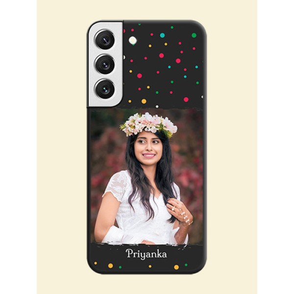 Multicolor Dotted Pattern with Text on Space Black Custom Soft Matte Phone Back Cover - Galaxy S22 5G Multicolor Dotted Pattern with Text on Space Black Custom Soft Matte Phone Back Cover - Galaxy S22 5G