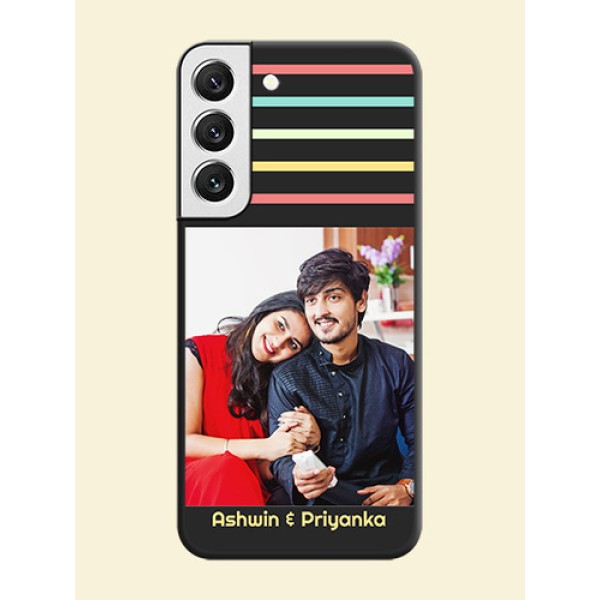 Color Stripes with Photo and Text on Photo on Space Black Soft Matte Mobile Case - Galaxy S22 5G Color Stripes with Photo and Text on Photo on Space Black Soft Matte Mobile Case - Galaxy S22 5G