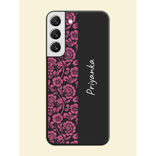 Pink Floral Pattern Design With Custom Text On Space Black Personalized Soft Matte Phone Covers -Samsung Galaxy S22 5G Pink Floral Pattern Design With Custom Text On Space Black Personalized Soft Matte Phone Covers -Samsung Galaxy S22 5G