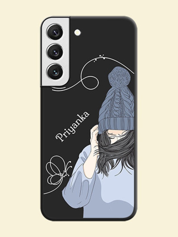 Girl With Blue Winter Outfiit Custom Text Design On Space Black Personalized Soft Matte Phone Covers -Samsung Galaxy S22 5G