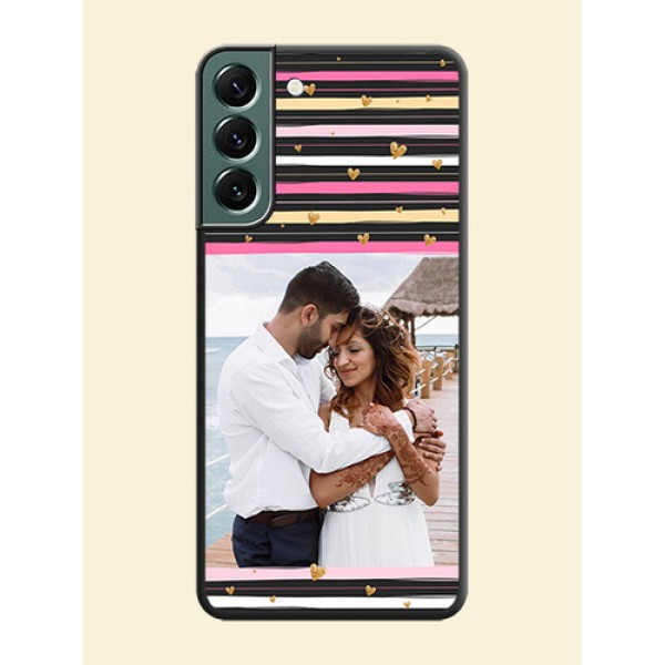 Multicolor Lines and Golden Love Symbols Design on Photo on Space Black Soft Matte Mobile Cover - Galaxy S22 Plus 5G Multicolor Lines and Golden Love Symbols Design on Photo on Space Black Soft Matte Mobile Cover - Galaxy S22 Plus 5G
