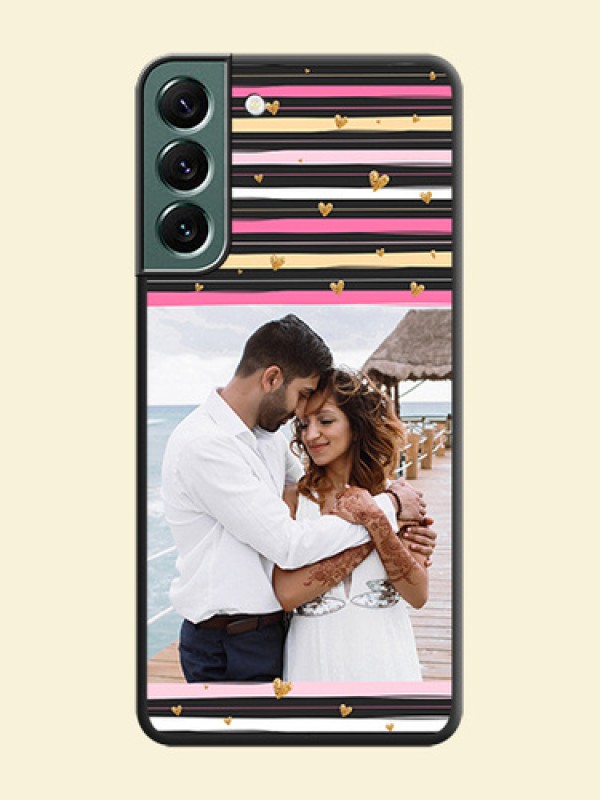Multicolor Lines and Golden Love Symbols Design on Photo on Space Black Soft Matte Mobile Cover - Galaxy S22 Plus 5G