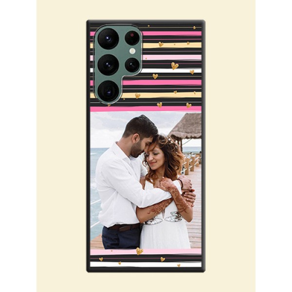 Multicolor Lines and Golden Love Symbols Design on Photo on Space Black Soft Matte Mobile Cover - Galaxy S22 Ultra 5G Multicolor Lines and Golden Love Symbols Design on Photo on Space Black Soft Matte Mobile Cover - Galaxy S22 Ultra 5G