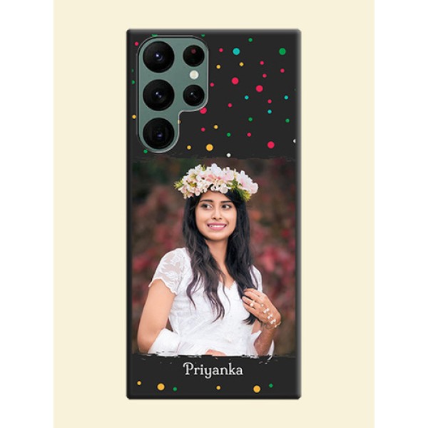 Multicolor Dotted Pattern with Text on Space Black Custom Soft Matte Phone Back Cover - Galaxy S22 Ultra 5G Multicolor Dotted Pattern with Text on Space Black Custom Soft Matte Phone Back Cover - Galaxy S22 Ultra 5G