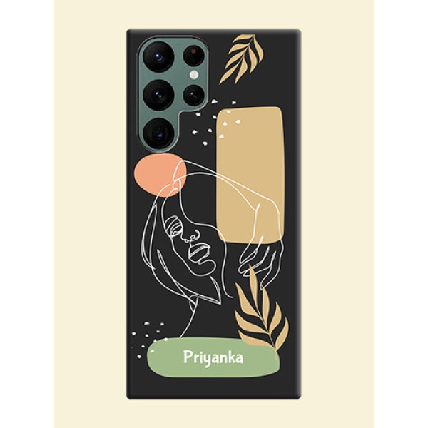 Custom Text With Line Art Of Women & Leaves Design On Space Black Personalized Soft Matte Phone Covers -Samsung Galaxy S22 Ultra 5G