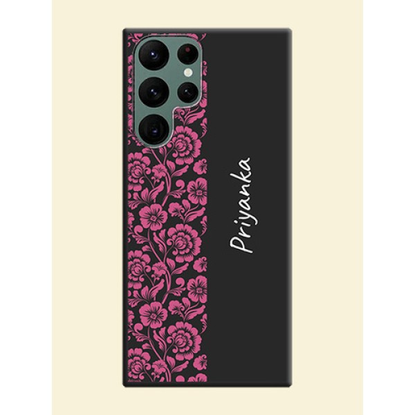 Pink Floral Pattern Design With Custom Text On Space Black Personalized Soft Matte Phone Covers -Samsung Galaxy S22 Ultra 5G Pink Floral Pattern Design With Custom Text On Space Black Personalized Soft Matte Phone Covers -Samsung Galaxy S22 Ultra 5G