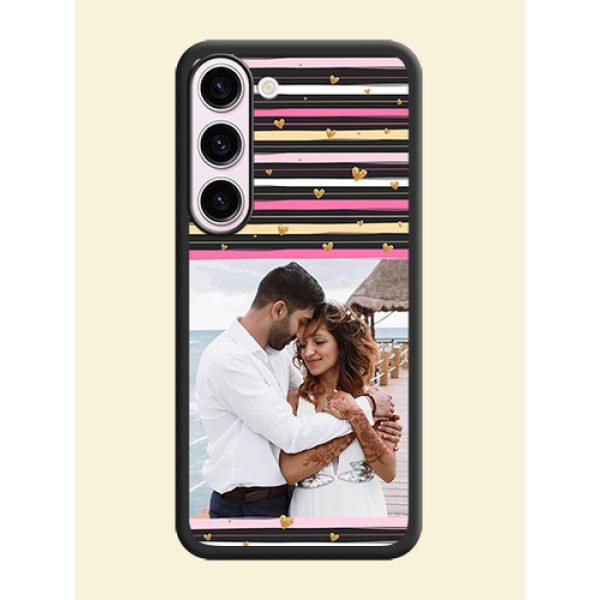 Multicolor Lines and Golden Love Symbols Design on Photo on Space Black Soft Matte Mobile Cover - Samsung Galaxy S23 5G Multicolor Lines and Golden Love Symbols Design on Photo on Space Black Soft Matte Mobile Cover - Samsung Galaxy S23 5G