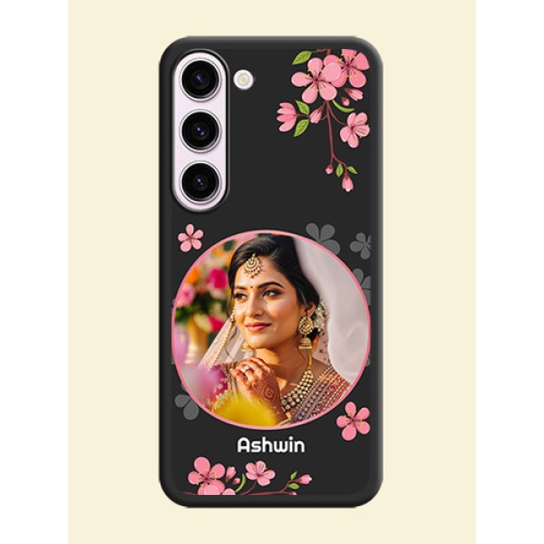 Round Image with Pink Color Floral Design on Photo on Space Black Soft Matte Back Cover - Samsung Galaxy S23 5G
