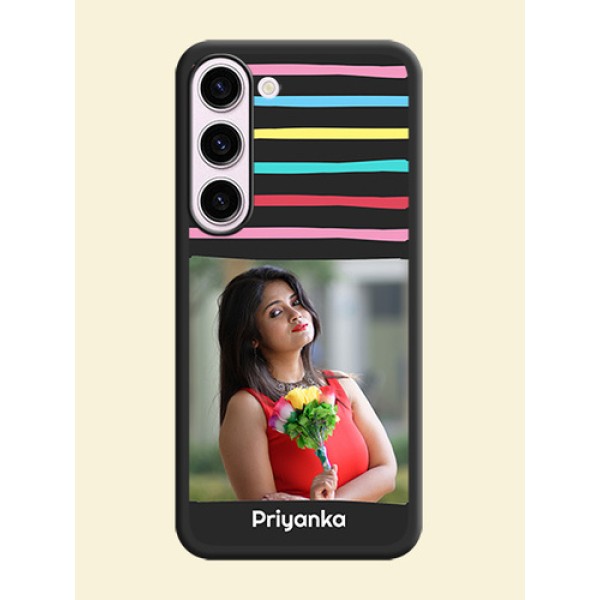 Multicolor Lines with Image on Space Black Personalized Soft Matte Phone Covers - Samsung Galaxy S23 5G Multicolor Lines with Image on Space Black Personalized Soft Matte Phone Covers - Samsung Galaxy S23 5G