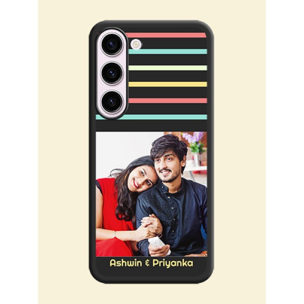 Color Stripes with Photo and Text on Photo on Space Black Soft Matte Mobile Case - Samsung Galaxy S23 5G Color Stripes with Photo and Text on Photo on Space Black Soft Matte Mobile Case - Samsung Galaxy S23 5G