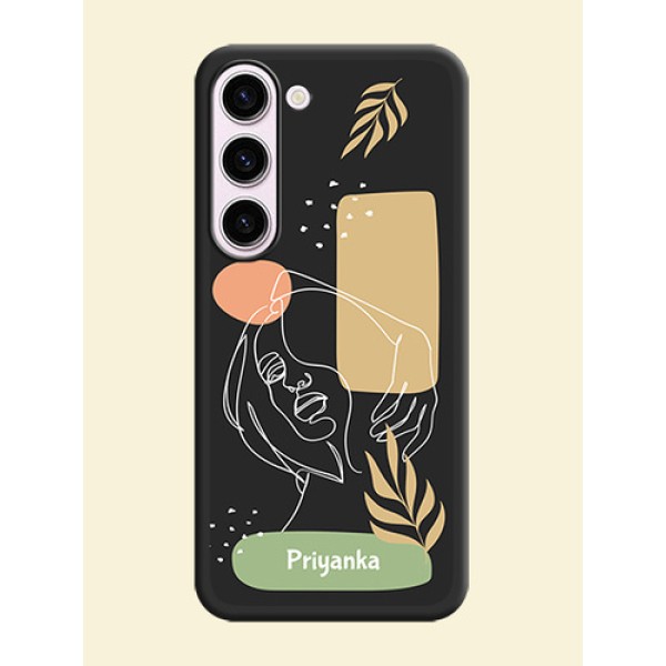 Custom Text With Line Art Of Women & Leaves Design On Space Black Personalized Soft Matte Phone Covers -Samsung Galaxy S23 5G