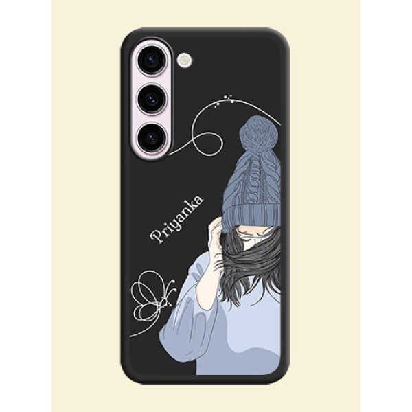 Girl With Blue Winter Outfiit Custom Text Design On Space Black Personalized Soft Matte Phone Covers -Samsung Galaxy S23 5G