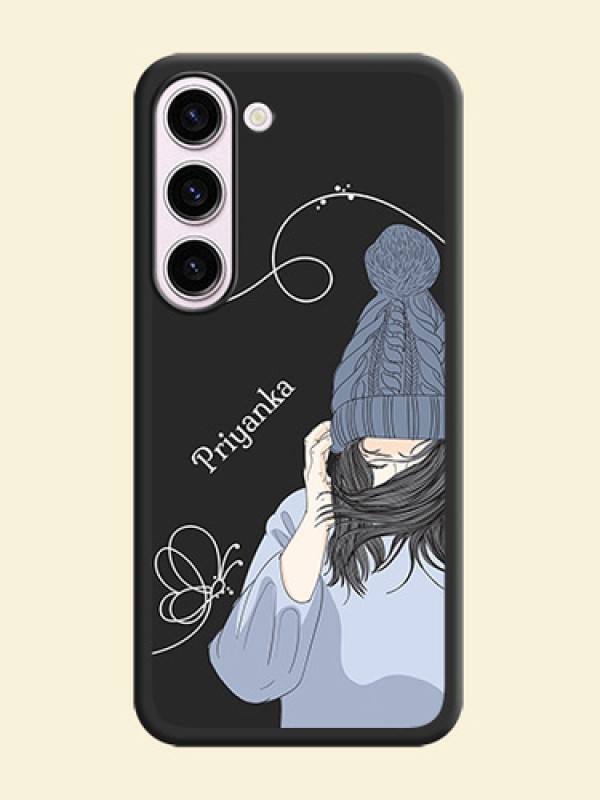 Girl With Blue Winter Outfiit Custom Text Design On Space Black Personalized Soft Matte Phone Covers -Samsung Galaxy S23 5G