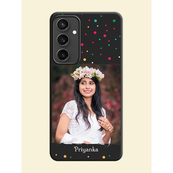 Multicolor Dotted Pattern with Text on Space Black Custom Soft Matte Phone Back Cover - Galaxy S23 FE 5G Multicolor Dotted Pattern with Text on Space Black Custom Soft Matte Phone Back Cover - Galaxy S23 FE 5G