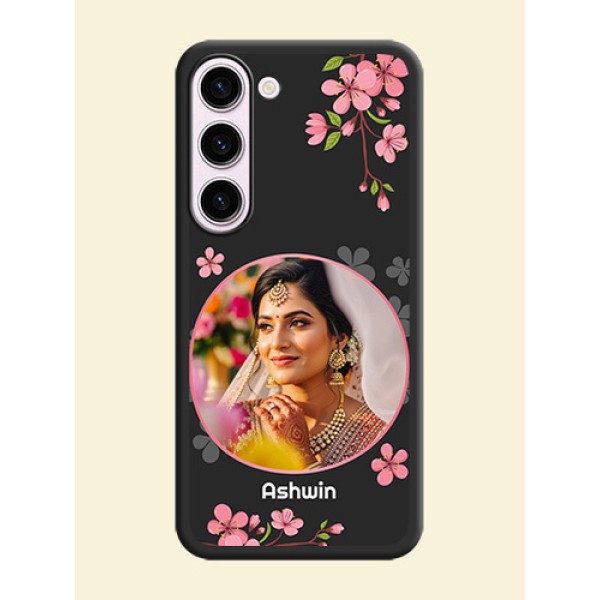 Round Image with Pink Color Floral Design on Photo on Space Black Soft Matte Back Cover - Samsung Galaxy S23 Plus 5G