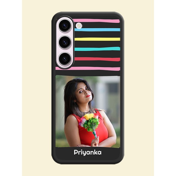Multicolor Lines with Image on Space Black Personalized Soft Matte Phone Covers - Samsung Galaxy S23 Plus 5G Multicolor Lines with Image on Space Black Personalized Soft Matte Phone Covers - Samsung Galaxy S23 Plus 5G