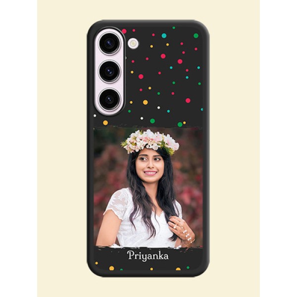 Multicolor Dotted Pattern with Text on Space Black Custom Soft Matte Phone Back Cover - Samsung Galaxy S23 Plus 5G Multicolor Dotted Pattern with Text on Space Black Custom Soft Matte Phone Back Cover - Samsung Galaxy S23 Plus 5G