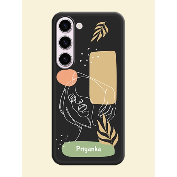 Custom Text With Line Art Of Women & Leaves Design On Space Black Personalized Soft Matte Phone Covers -Samsung Galaxy S23 Plus 5G