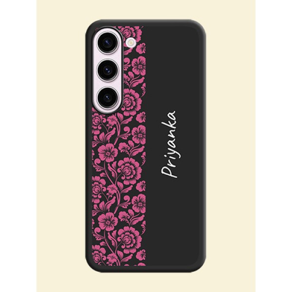 Pink Floral Pattern Design With Custom Text On Space Black Personalized Soft Matte Phone Covers -Samsung Galaxy S23 Plus 5G Pink Floral Pattern Design With Custom Text On Space Black Personalized Soft Matte Phone Covers -Samsung Galaxy S23 Plus 5G