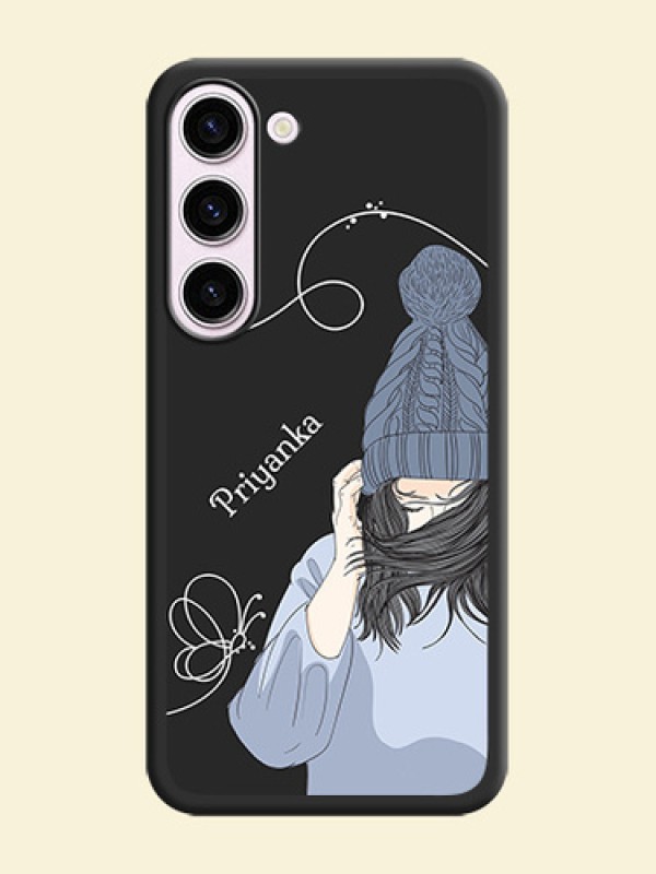 Girl With Blue Winter Outfiit Custom Text Design On Space Black Personalized Soft Matte Phone Covers -Samsung Galaxy S23 Plus 5G