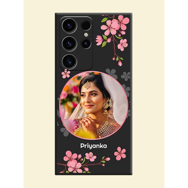 Round Image with Pink Color Floral Design on Photo on Space Black Soft Matte Back Cover - Samsung Galaxy S23 Ultra 5G